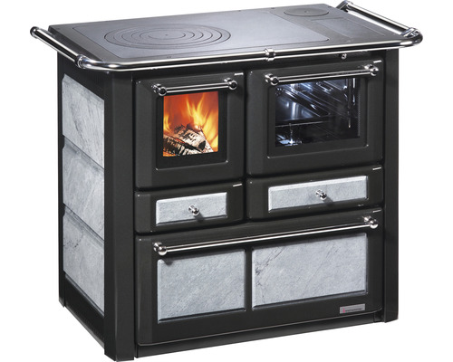Festbrennstoffherd Westminster K85F grau Backofen rechts mit Stahlplatten-Kochfeld Holzherd mit Kochfeld, Backofen und Holzfeuer