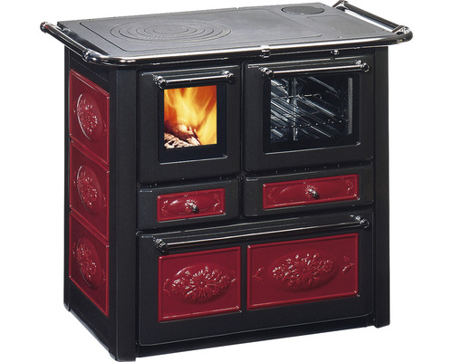 Festbrennstoffherd Westminster K85F bordeaux Backofen rechts mit Stahlplatten-Kochfeld Holzherd mit Kochfeld und Backofen