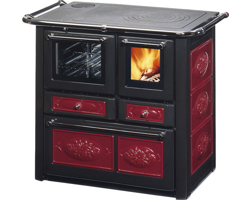 Festbrennstoffherd Westminster K85F bordeaux Backofen links mit Stahlplatten-Kochfeld Holzherd mit Backofen und Kochfeld