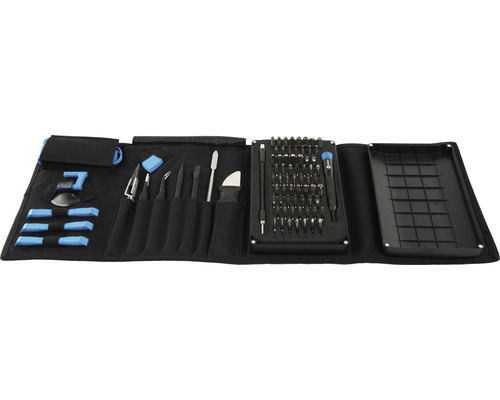 Geöffnetes Werkzeugset mit Schraubendrehern, Öffnungswerkzeugen und Sortierfach