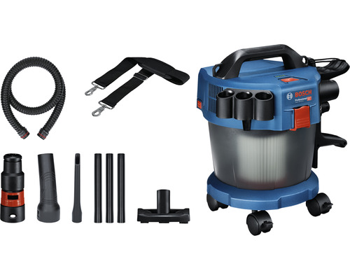 Bosch Logo. Bosch Professional Nass Trockensauger mit Zubehör wie Schlauch, Schultergurt, Düsen und Rohren.