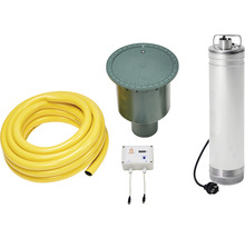 Komponenten für eine Gartenbewässerungsanlage: Schlauch, Pumpensteuerung, Erdtank und Tauchdruckpumpe.