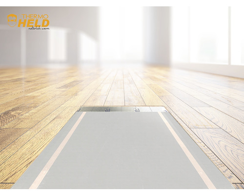 Heizfolie eThermoHeld Boden 0,65x4 m 150 Watt Thermoheld Fußbodenheizung im Innenraum auf Holzboden verlegt