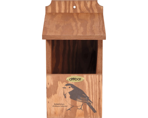 Nistkasten aus Holz mit Rotkehlchen-Motiv