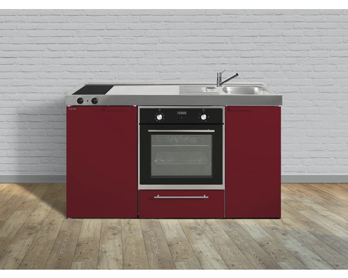 Miniküche Stengel Kitchenline MKB150 150x60 cm Becken rechts Rot glänzend mit Glaskeramikkochfeld