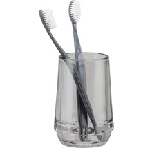 Zwei graue Zahnbürsten in einem transparenten Zahnputzbecher