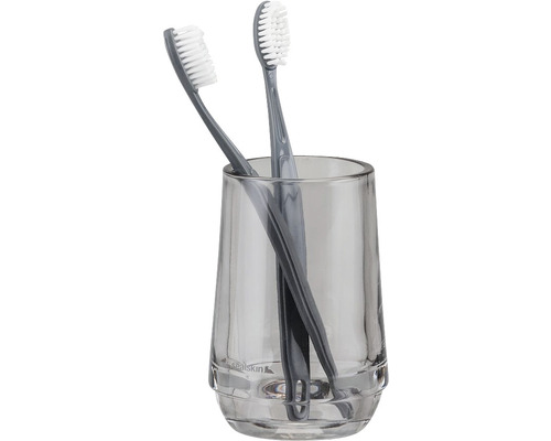 Zahnputzbecher Sealskin Mood grau glänzend Zwei graue Zahnbürsten in einem transparenten Zahnputzbecher