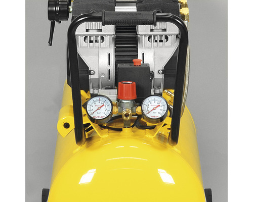 Nahaufnahme eines gelben Druckluftkompressors mit Manometern