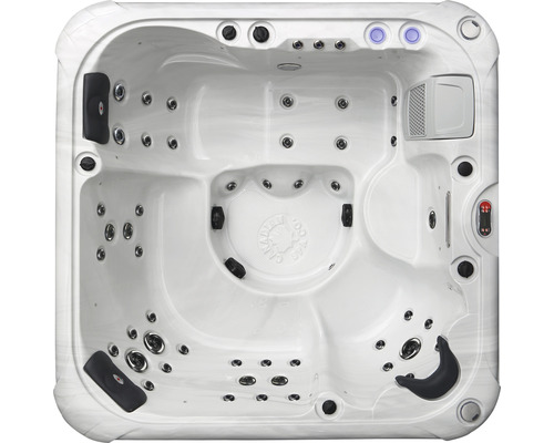 Draufsicht auf einen Whirlpool mit verschiedenen Sitzen und Düsen
