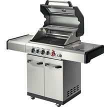 Edelstahl Gasgrill mit offenem Deckel und Seitentischen