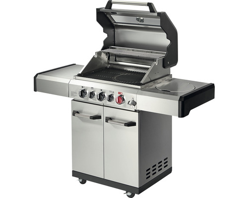 Edelstahl Gasgrill mit offenem Deckel und Seitentischen