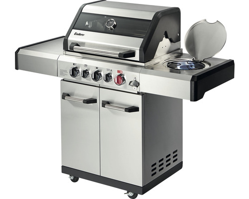 Edelstahl-Gasgrill mit vier Brennern, Seitenkochfeld und Unterschrank