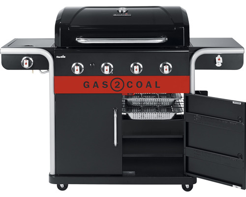 Gasgrill mit Kohlefunktion, Ablageflächen und Schrank mit Tür