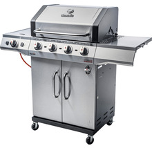 Char-Broil Gasgrill mit vier Brennern, Seitenbrenner, Edelstahldesign und Unterschrank mit zwei Türen.