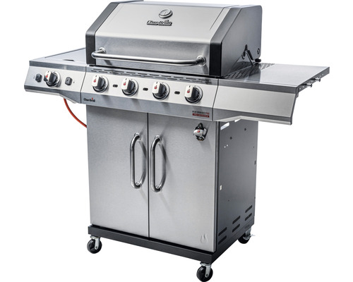 Char-Broil Gasgrill mit vier Brennern, Seitenbrenner, Edelstahldesign und Unterschrank mit zwei Türen.