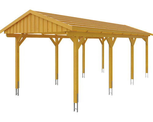 Holzcarport mit Dachkonstruktion und Stützpfosten