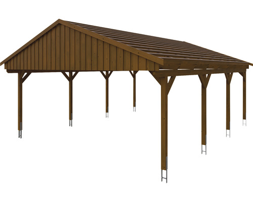 Holzcarport mit Satteldach und mehreren Stützpfeilern.