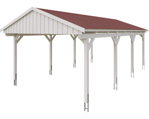 Weißer Holzcarport mit rotem Dach