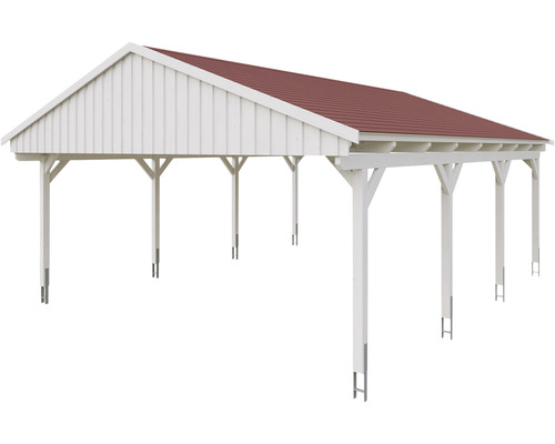 Weißer Holzcarport mit rotem Dach