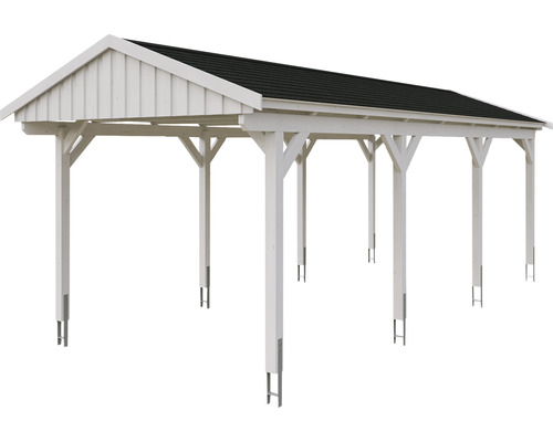 Weißer Holzcarport mit dunklem Dach