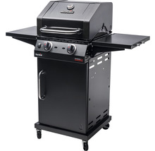 Schwarzer Gasgrill mit zwei Brennern und Seitenablagen