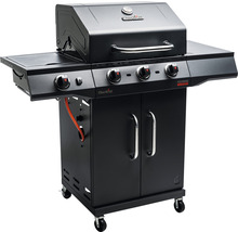 Schwarzer Gasgrill mit vier Brennern, Ablageflächen, Thermometer und Unterschrank