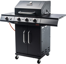 Schwarzer Gasgrill mit vier Brennern, Seitentischen und Unterschrank