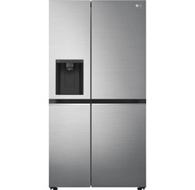 Silberfarbener Side-by-Side-Kühlschrank mit Wasserspender und LG Logo