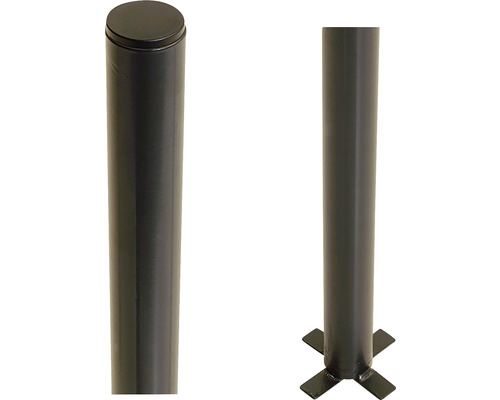 Stahlpfosten PLUS rund mit Fuß Ø 42,4 mm x 96 cm pulverbeschichtet RAL 7021 grau-schwarz Pfosten zum Einbetonieren mit und ohne Abdeckung