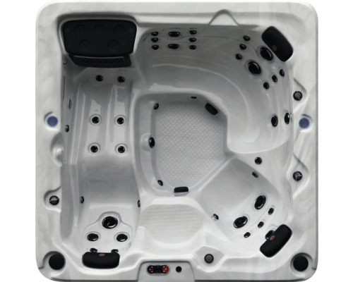 Draufsicht eines Whirlpools mit Sitzen und Düsen.