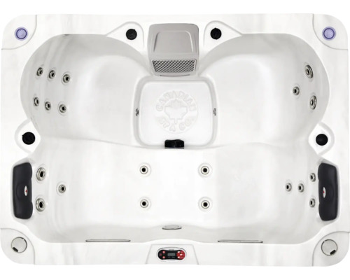 Draufsicht auf einen Whirlpool mit Düsen und Bedienelementen