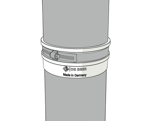 Abflussrohrschelle zur Befestigung an einem Rohr, mit De Beer Logo, hergestellt in Deutschland