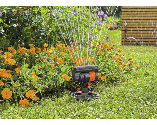 Bewässerung mit Viereckregner im Garten mit Blumenbeet