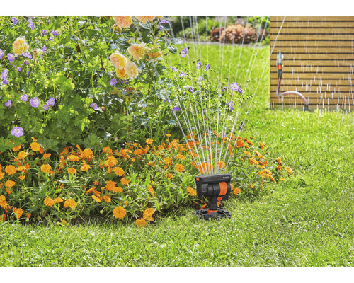 Gartenbewässerung mit Regner vor Blumenbeet