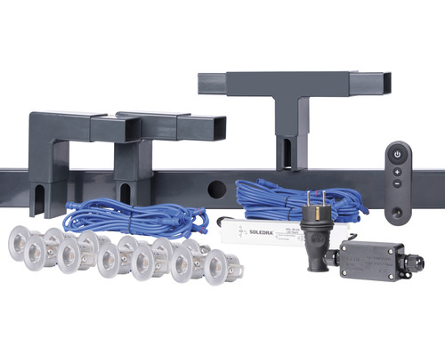 Komponenten für eine Terrassenüberdachung mit Beleuchtung und Fernbedienung