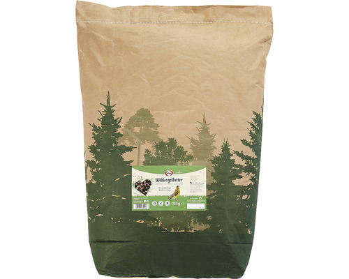Sack Wildvogelfutter mit Baummotiv und Produktinformationen, 20 Kilogramm