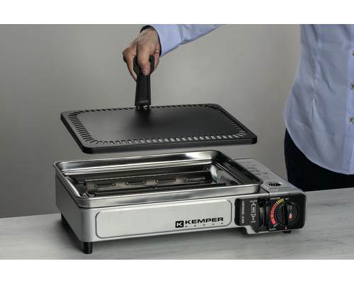 Tragbarer Gaskartuschengrill mit Grillplatte, geeignet für den Aussenbereich