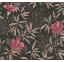 Tapete mit floralem Muster, Blätter und Hibiskusblüten