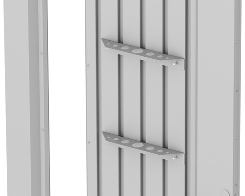 Werkzeughalter Biohort für Gartenhaus Neo 2 Stück silber-metallic Detailansicht eines Gerätehauses mit zwei Regalträgern.