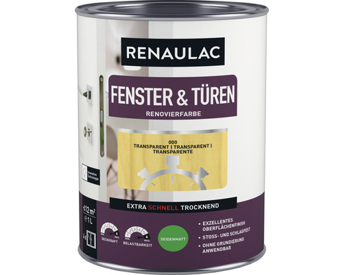 RENAULAC Fensterlack Türlack seidenmatt transparent 1 L Farbe für Fenster und Türen von Renaulac, transparent, seidenmatt, ein Liter Dose
