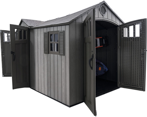 Gartenschuppen mit geöffneten Türen und Fenster