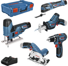 Bosch Professional Akku Werkzeugset mit Stichsäge, Säbelsäge, Multifunktionswerkzeug, Kreissäge, Bohrschrauber, Ladegerät und Koffer