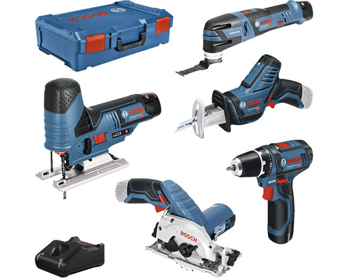 12V-Akku-Profi-Set Bosch Professional Bohrschrauber + Stichsäge + Multi-Cutter + Akku-Kreissäge + Säbelsäge inkl. 2 Akkus (3.0 Ah), Ladegerät und XL-BOXX Bosch Professional Akku Werkzeugset mit Stichsäge, Säbelsäge, Multifunktionswerkzeug, Kreissäge, Bohrschrauber, Ladegerät und Koffer