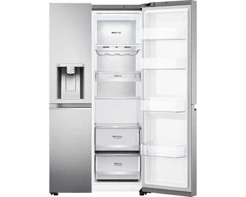 Geöffneter Side-by-Side Kühlschrank mit Regalen und Schubladen