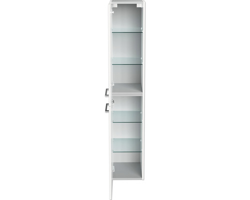 Offener, weißer Badhochschrank mit Glastüren und Glasböden