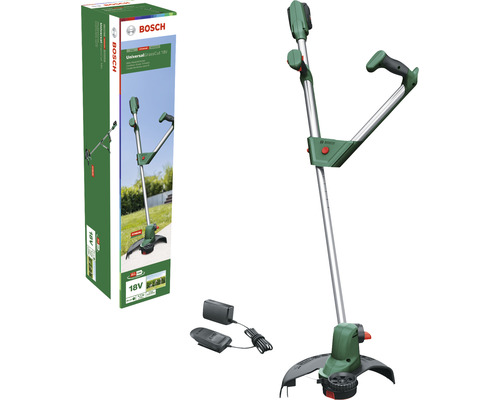 Bosch Universal Grass Cut 18V Akku-Rasentrimmer mit Akku, Ladegerät und Produktverpackung