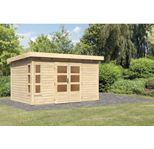 Holzgartenhaus mit Doppeltür und Seitenfenster im Außenbereich