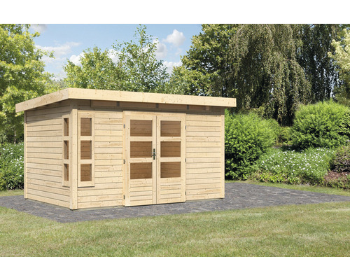 Holzgartenhaus mit Doppeltür und Seitenfenster im Außenbereich