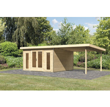Gartenhaus mit Carport aus Holz im Garten.