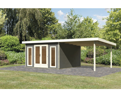 Holzgartenhaus mit überdachtem Stellplatz im Garten